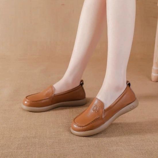 Runde Zehenpartie Echtes Leder Flacher Absatz Lässige Damen Einzelschuhe Einfarbig Mutterschuhe Rutschfest Abriebfest Weiche Sohle Bequem