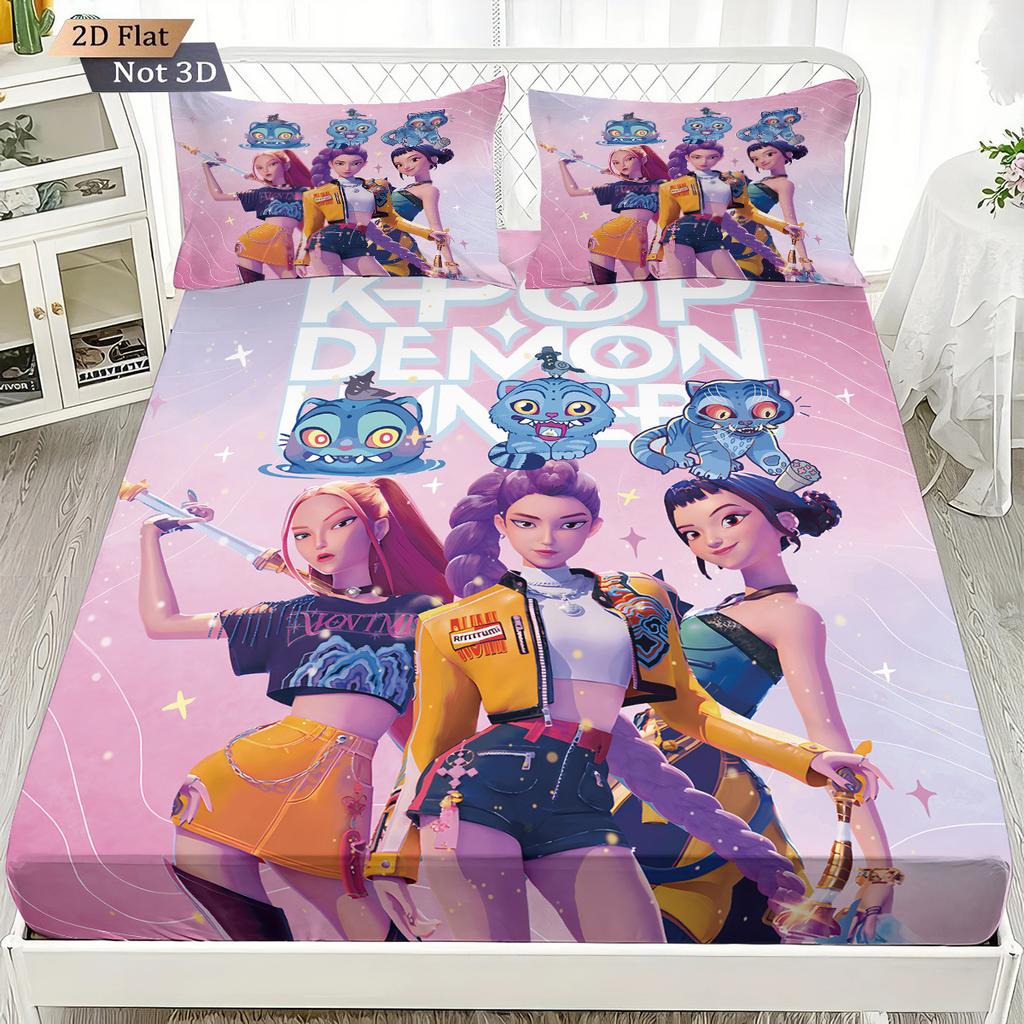 1pc K-Pop Demon Hunters Fitted Sheet Polyester Durablle Machine Washable Bedding Set for Home Bedroom Decoration Birthday Gift