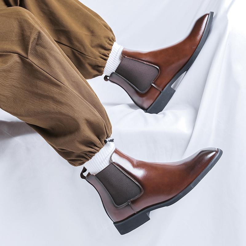 Fashion Pointed Toe Men's Walking Boots Leather Fashion Low Top Shoes Men Luxury Brand Chelsea Male Boots Classic Mens Slip on Shoes