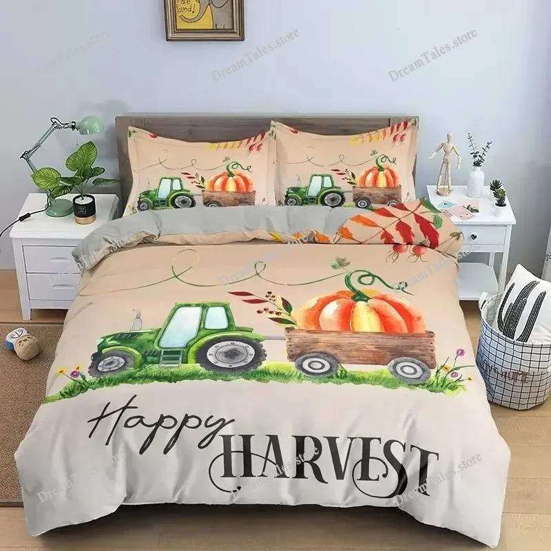 Herbst Kürbis Truck King Queen Bettbezug Happy Fall Thanksgiving Bettwäscheset Kinder Festival Geschenke Polyester Steppdecke