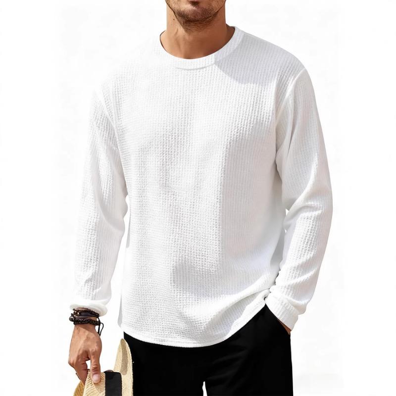 Men Waffle Knit Long Sleeve Crew Neck Casual T-Shirt