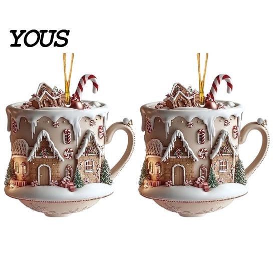Unique Stocking Stuffer Gifts 2Pcs Fairy Tale Coffee Cup Snow House Christmas Ornaments, Double-sided Acrylic Ornaments Hanging Decoration for