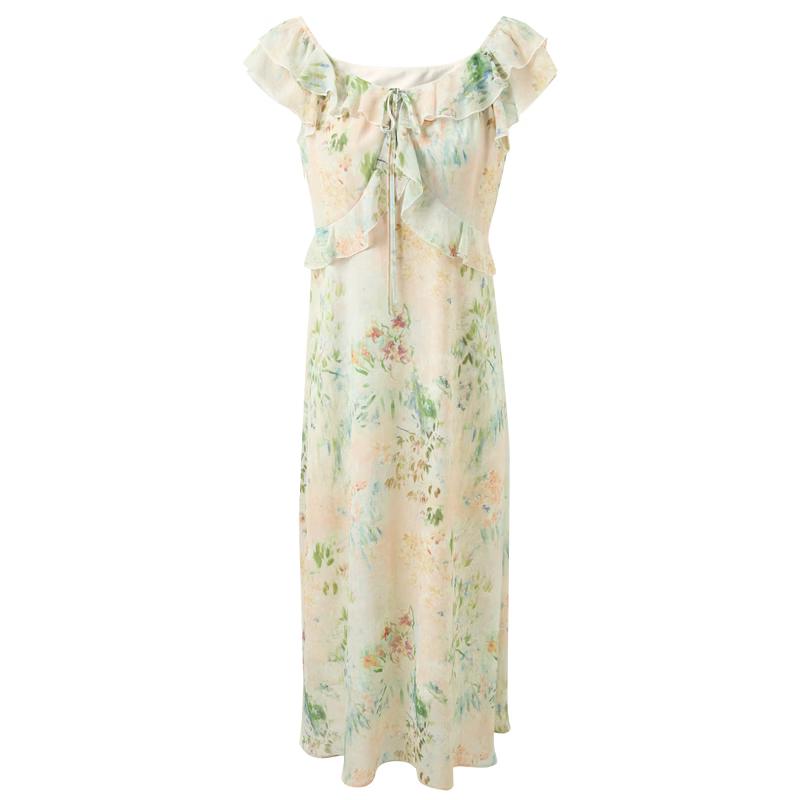 French Floral Chiffon A-Line Maxi Dress S