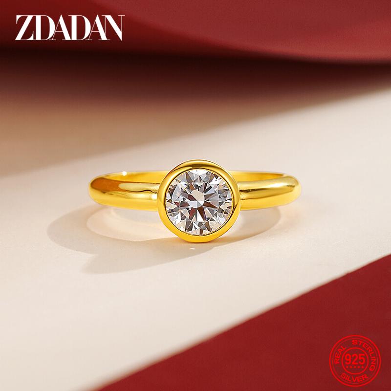 925 Silver 18K Gold Round Zircon Ring for Women Girls Fashion Wedding Jewelry