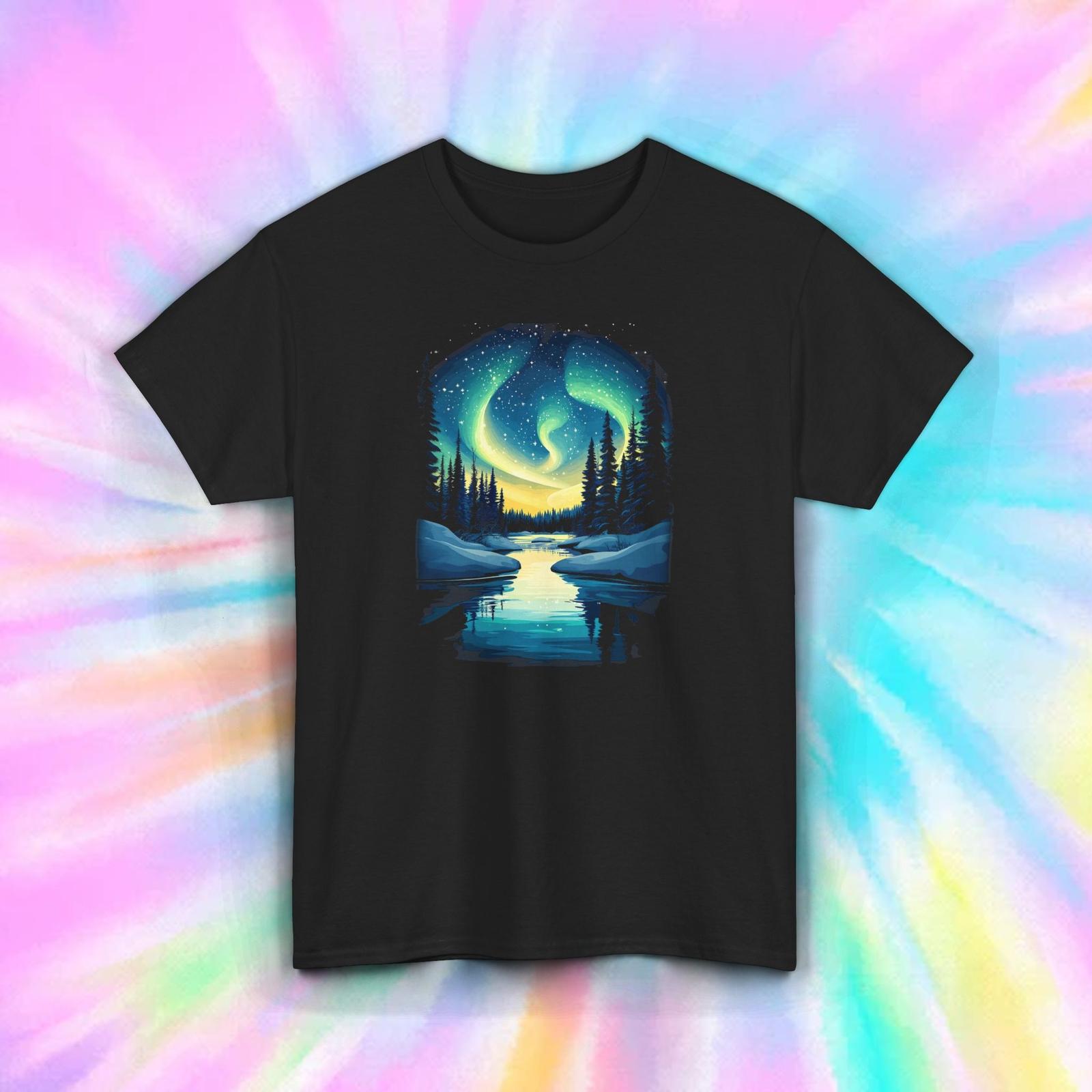 Aurora Borealis Shirt Scenic River Trees Night Landscape Tee S-5XL XXXXL