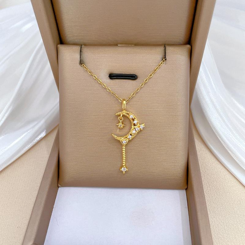 Star Moon Tassel Light Luxury Temperament Gorgeous Full Diamond Necklace Female Versatile Collarbone Chain Titanium Steel Chain