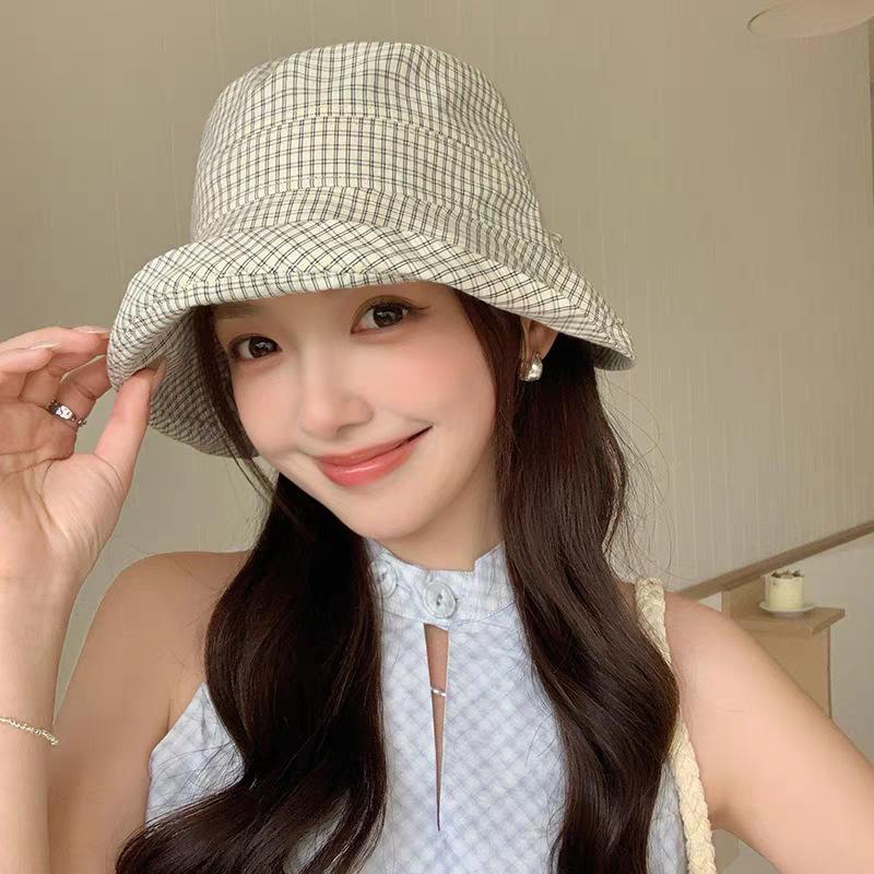 Small fresh plaid bucket hat new curling edge versatile sunscreen hat fashionable big eaves show face small sunshade basin hat