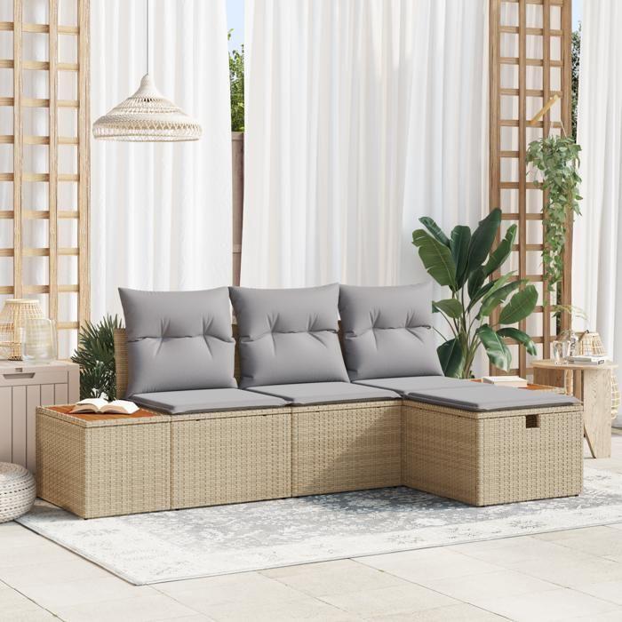 VidaXL Ensemble de canapé de jardin 4 pièces avec coussins Beige Poly Rotin 3359617