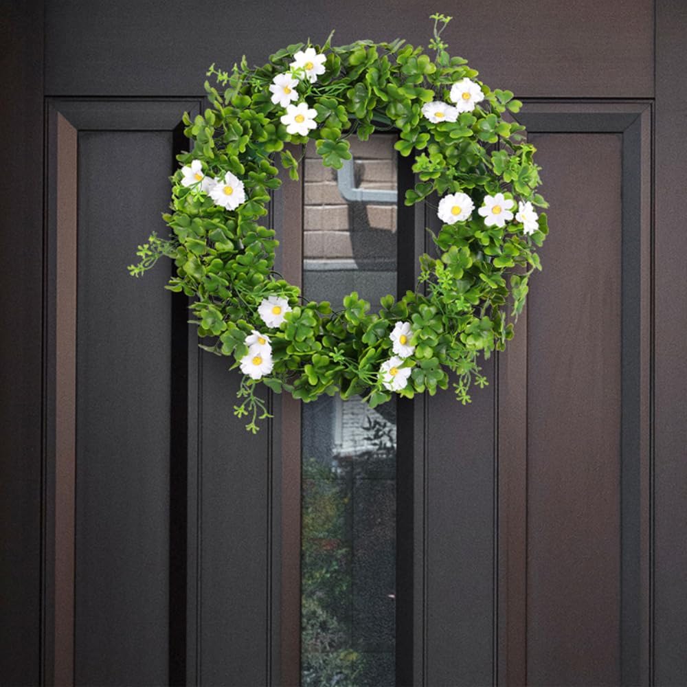 Green Clover Wreath with Daisies, Spring Summer Front Door Wreath, Irish Themed Outdoor Wall Decor, Elegant Shamrock