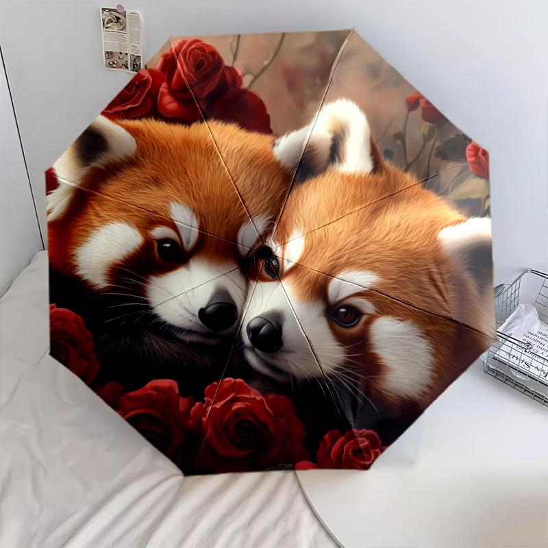Red Panda and Rose pattern, automatic folding umbrella, portable and foldable design, 8 ribs, a Christmas or birthday gift.