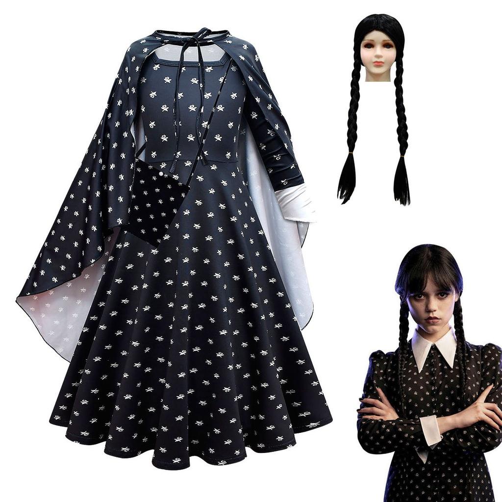 Mittwoch Addams Kleid Perücke Cosplay Kostüm für Mädchen Kinder Halloween Weihnachten Party