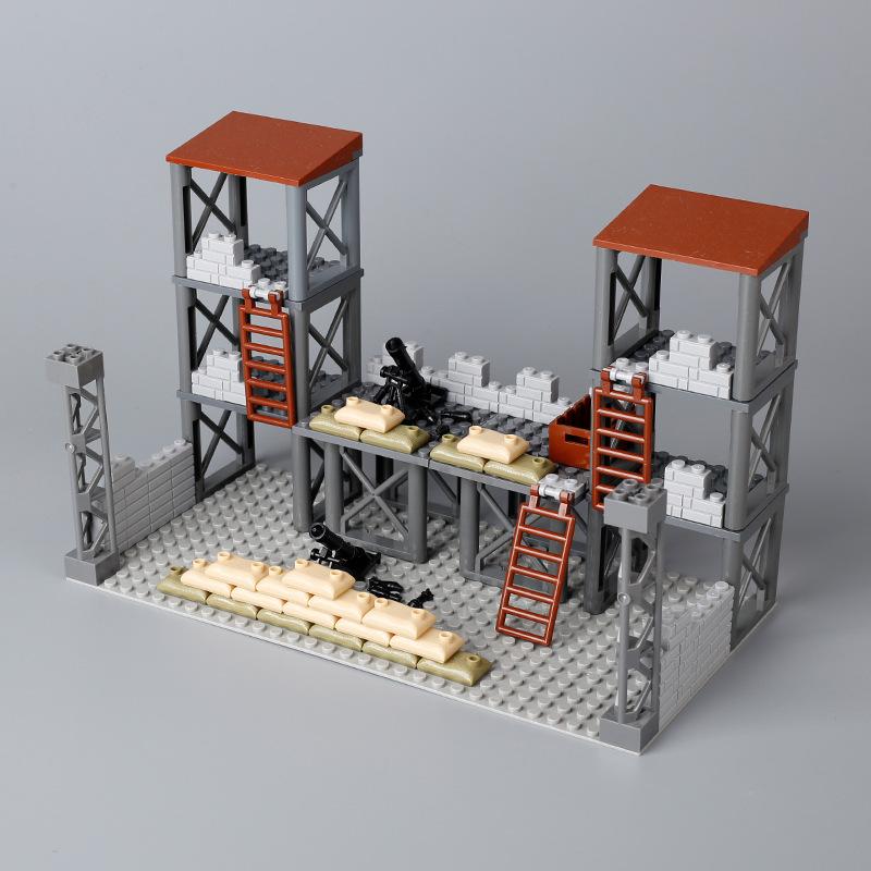 Military Base Construction Sentry Lookout Tower Humanoid Standing Guard Scene Small Particles Mosaic Building Block