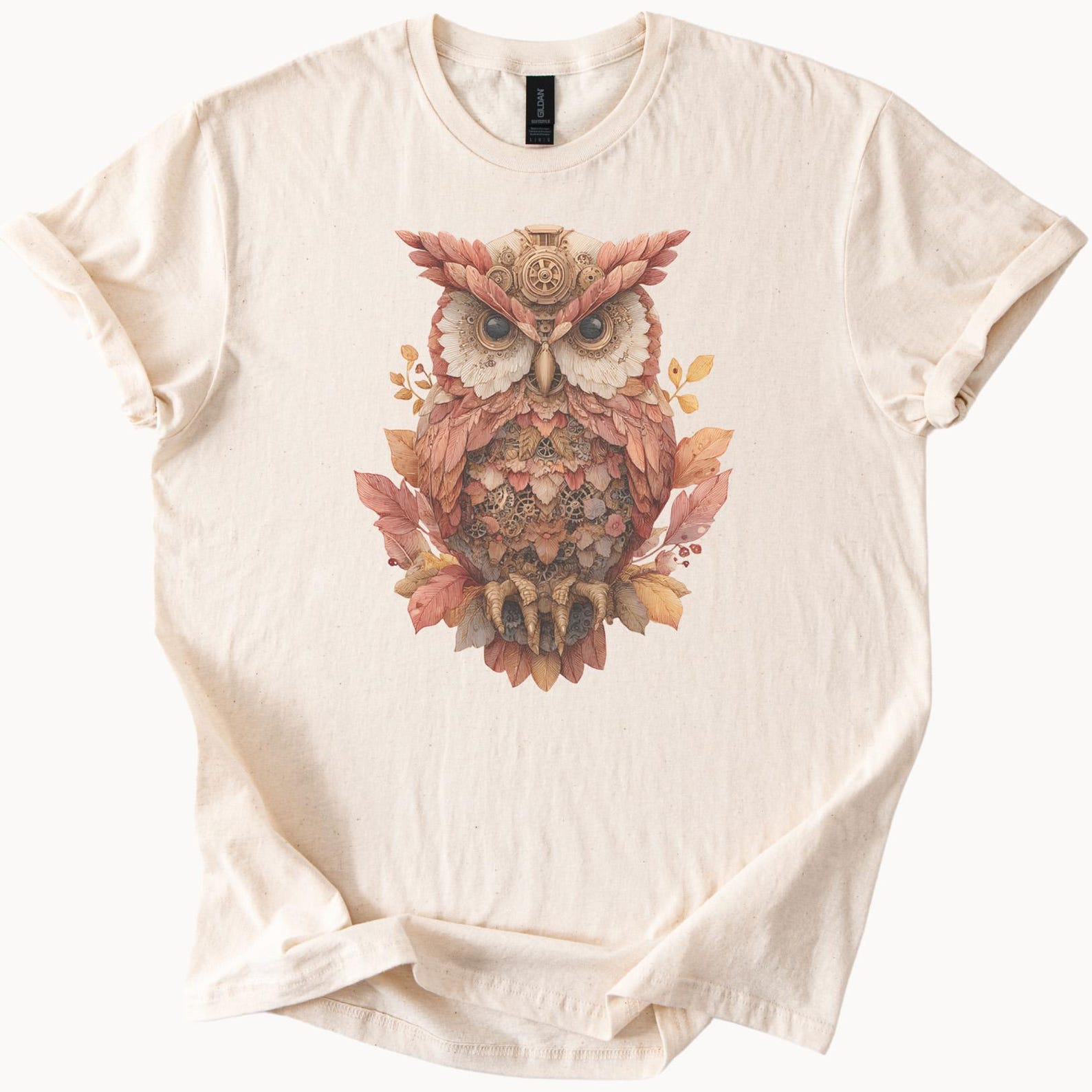 Steampunk Owl Graphic T Shirt Autumn Leaves Detailed Owl Art Nature Inspired Animal Tee Woodland Forest Bird Shirt Gift for Owl Lovers 100