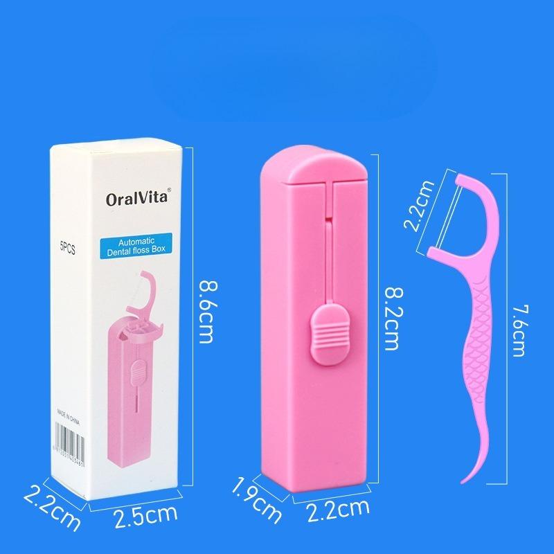 Automatic Dental Floss Holder with 5 Pieces, Portable and Easy To Use, One-click Release, Double-threaded, Fruit-flavored Dental Floss
