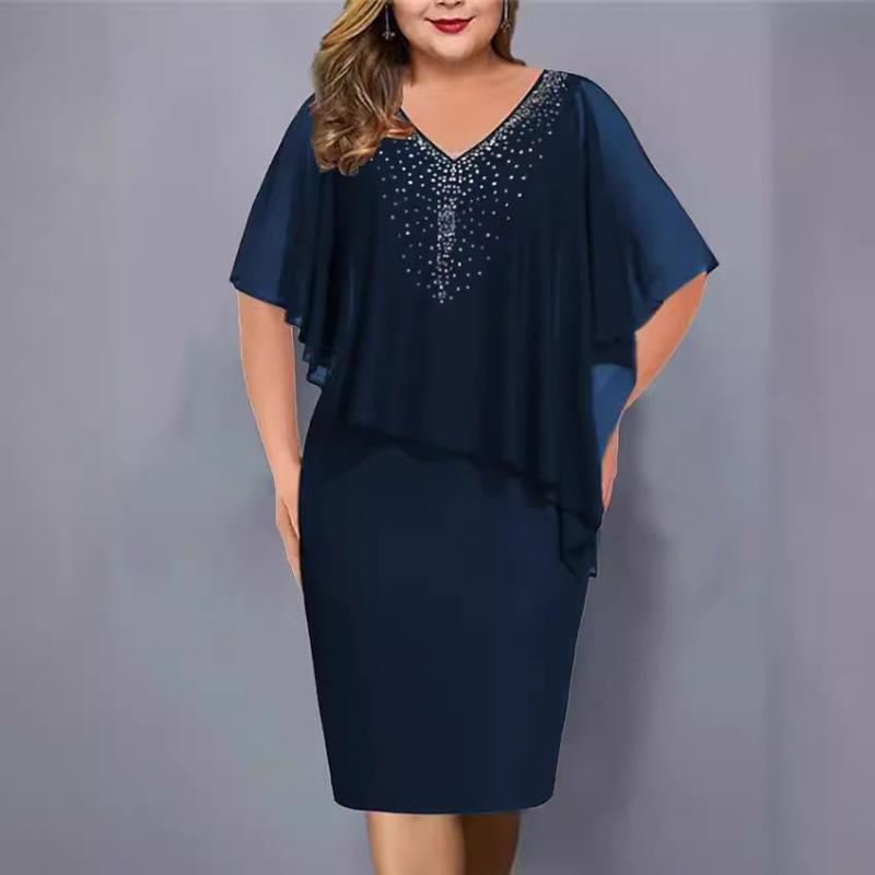 

Women s Mid-sleeve V-neck Chiffon Patchwork Rhinestone Irregular Mid-length Plus Size Dress 5XL темно-синього кольору