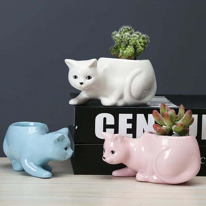 Cute Cat Ceramic Succulent Planter with Tray - Creative Animal Shape Flower Pot for Cactus/Bonsai/Indoor Plants - Home