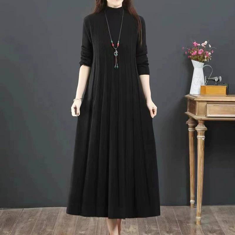 Autumn Winter Covering Belly Dress Middle Aged Elderly Mother Retro Long Knitted Sweater Dresses Vestidos