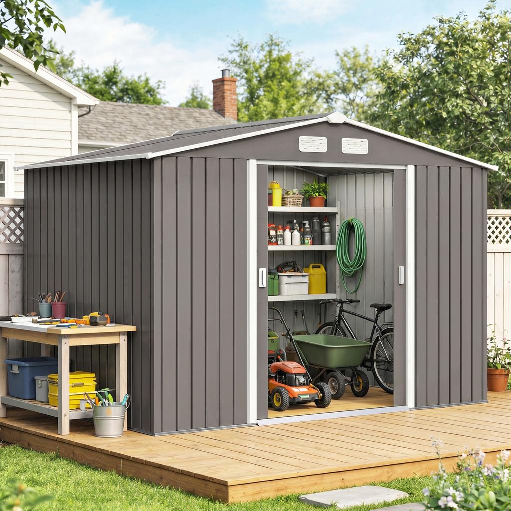 9 X 6FT Outdoor Garden Roofed Metal Storage Shed Tool Box with Foundation Ventilation & Doors Light, Grey