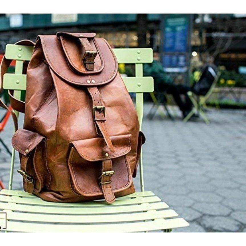 Leather Bag Goat Vintage Backpack Laptop Rucksack Genuine Travel Brown Men's New