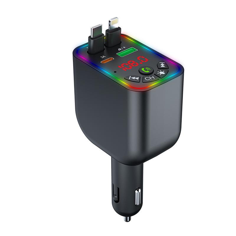 Y5 Car Bluetooth MP3 Charger with Retractable Cable, Fast Charging, Digital Display, Color Light, Cigarette Lighter, and U Disk Player