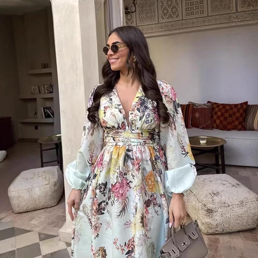 Cross-Border European & American Women's Fashion: Stand-Up Collar Print Dress with Ruffled Loose Fit & Drawstring