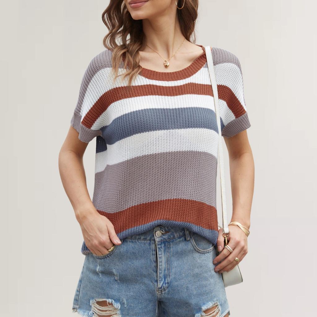 QICED Loose Patchwork Striped T-shirt Casual Pullover Women's Short-sleeved Sweater