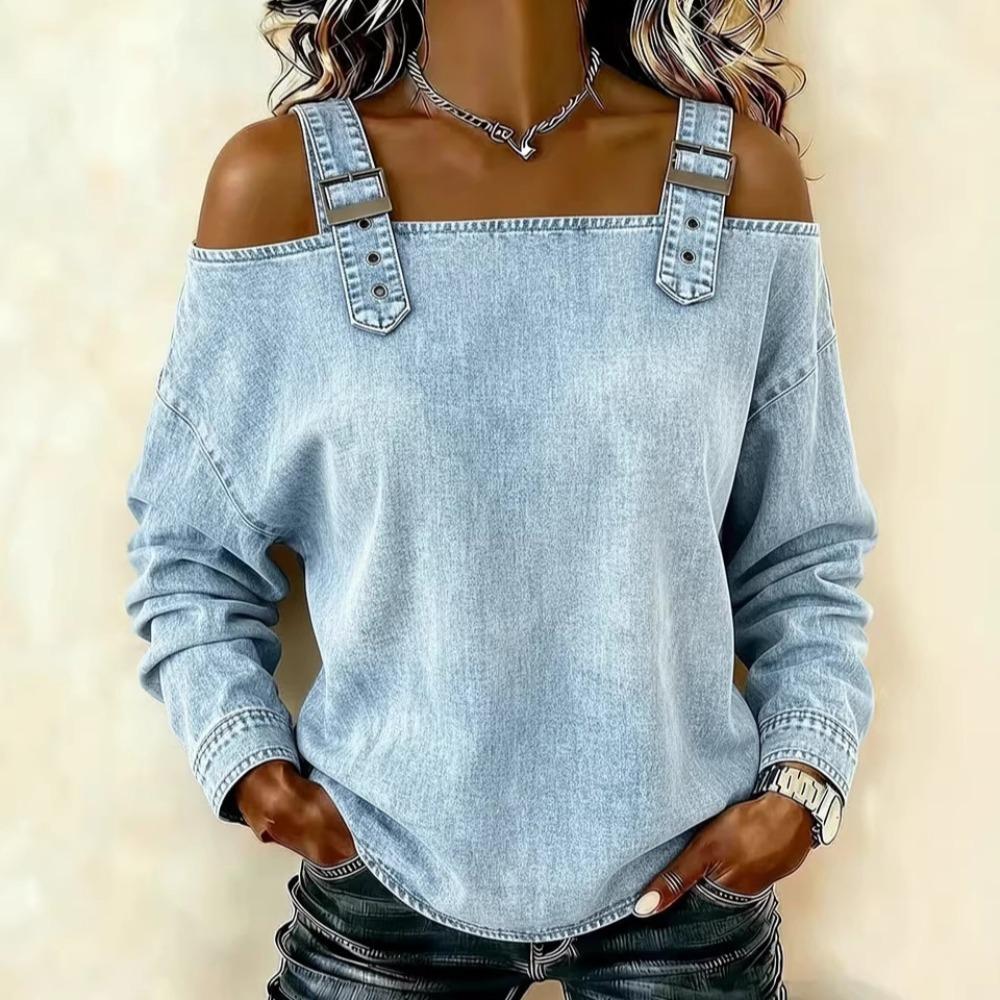Summer Women s One-shoulder Tie Shoulder-belt Long-sleeved Blouse S светло-синий