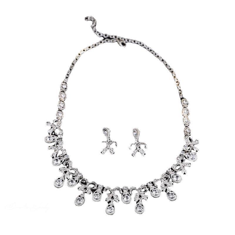 Rhinestone Bow Teardrop Jewelry Set: Stylish Stud Earrings & Necklace with Clavicle Chain