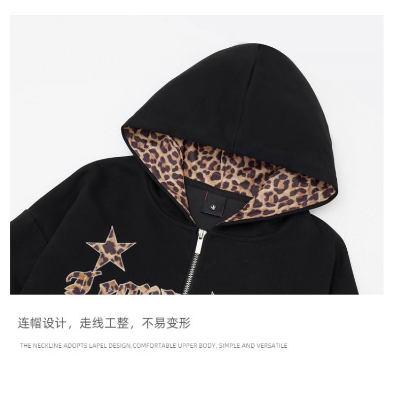 Felpa Unisex Oversize con Cappuccio e Zip con Stampa Leopardata e Design a Stelle Streetwear Casual