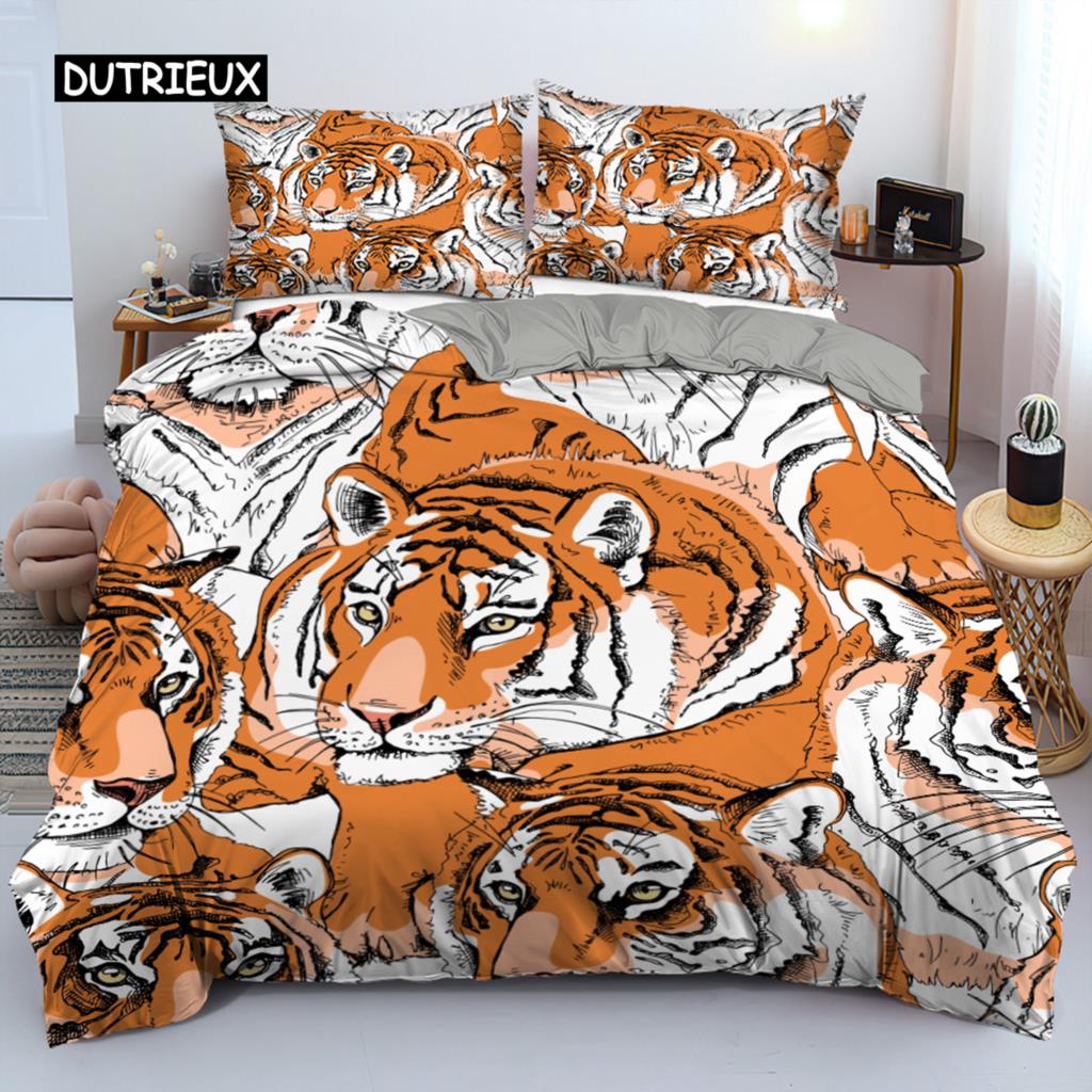 Tiger Duvet Cover Set Red Rose Flower Comforter Cover Boys African Safari Wild Animals Big Cat Queen King Polyester Qulit Cover