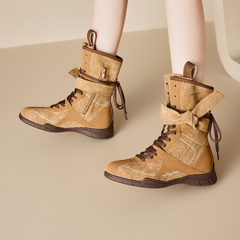 Inner Heightening Martin Boots Women's New Maillard Boxing Boots Frosted Leather Lace-up Short Boots