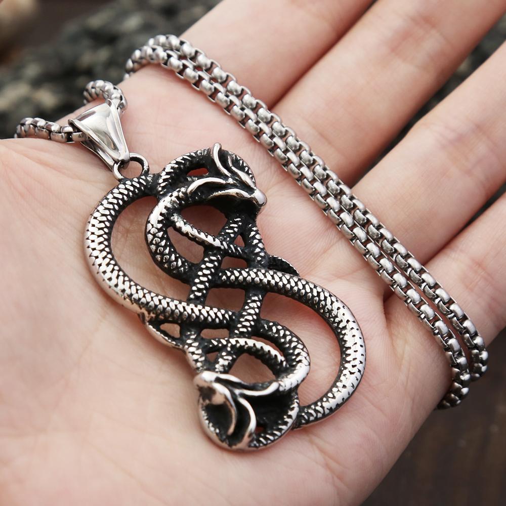 Vintage Norse Loki Double Dragon Gothic Ouroboros Pendant Necklace Stainless Steel Viking Amulet Male Jewlery Gifts Accessories