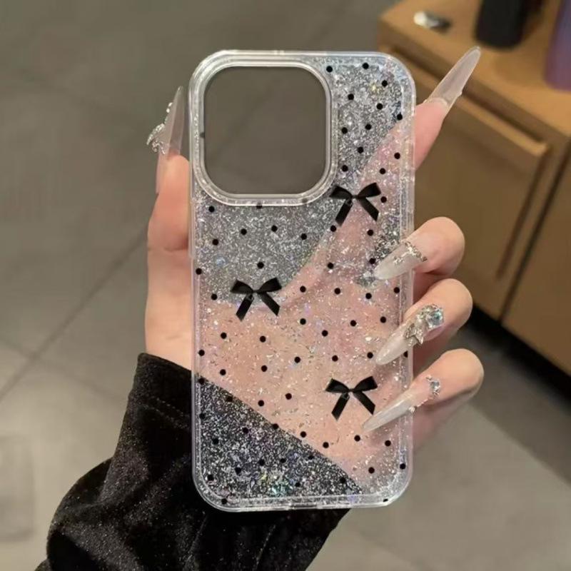 Exquisite Silver Glitter Bow Phone Case for iPhone 13-16 Pro Max