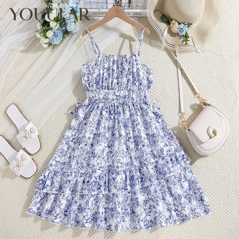 

2024 летнее платье для девочек 8-12 лет, модное платье на подтяжках с цветочным принтом, платье принцессы, детская одежда