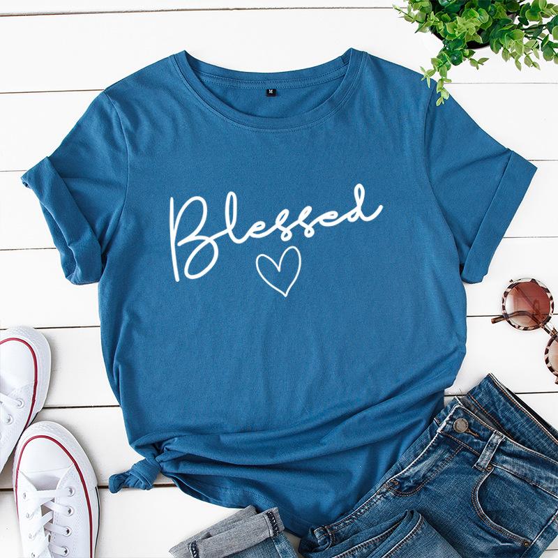 Blessed Letter Cotton T-Shirt Short Sleeve Round Neck Women 2d Print Tops