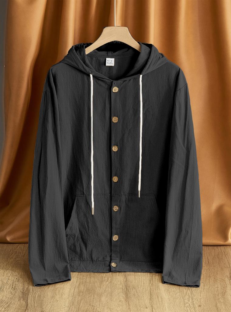 Men's Cotton Linen Button Hooded Shirt Loose Casual Long Sleeve Beach Resort Jacket