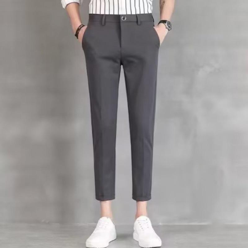 Men's Elastic Straight Leg Pants, Business Casual Cropped Pants, Men's Formal Suit Pants, Solid Color