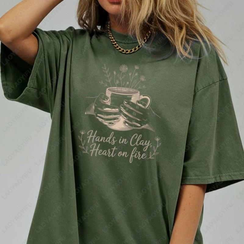 Female Potter Tshirt Hands In Clay Heart On Fire Cottagecore Ceramic Cotton Shirt Pottery Wheel Oneck Printed Tops Girls Gift