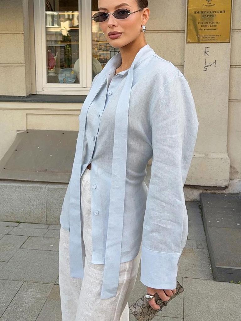 Elegant Women's Lace-Up Woven Shirt - Spring/Autumn French Casual Style