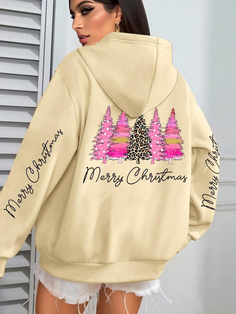 Women's Casual Hoodie - Pink Cross Christmas Tree Design for Autumn/Winter