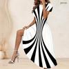 Women Plus Size Round Neck Short Sleeve Black White Striped Printed Gathered Waist A Line Long Dress