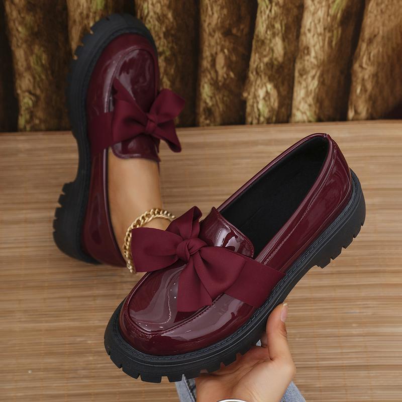 Fashion Women's Bowknot Decor Platform Loafers Fashion Wine Red Patent Leather Dress Shoes Woman Comfort Slip On Flat Shoes Plus Size 43