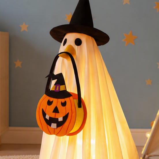 Luminous Witch Costume for Girls Halloween Glowing Ghost with Hat & Pumpkin Tote Bag, LED Holiday Photo Prop Outfit Light Up Fabric Kids, Spooky