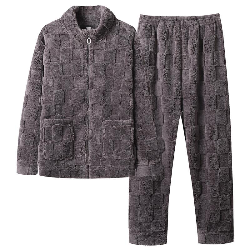 Men's Thick Coral Fleece Stand-Up Collar Zipper Pajamas - Warm Long Sleeve Homewear for Autumn & Winter