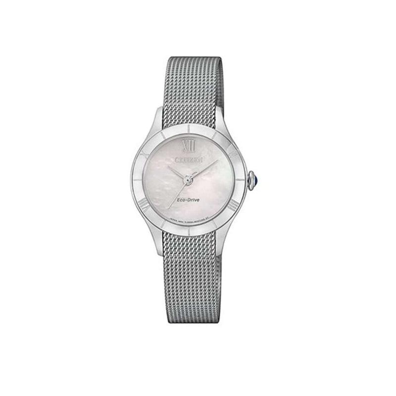 

CITIZEN 50 meters waterproof, solar Quartz, Steel Strap, , 28.5mm women s watch, white dial EM078083D синій