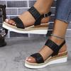 Straw hemp rope wedge heel light sandals women's thick sole one-word buckle beach sandals