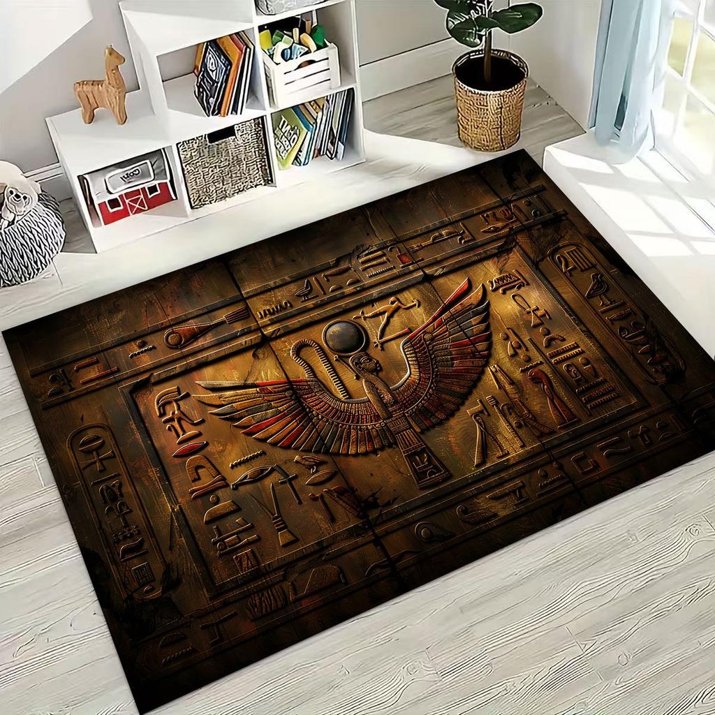 Ancient Egyptian Hieroglyphic Symbols Carved Murals Rug for Bedroom Living Room Sofa Home Doormat Decor,Kids Non-slip Floor Mat