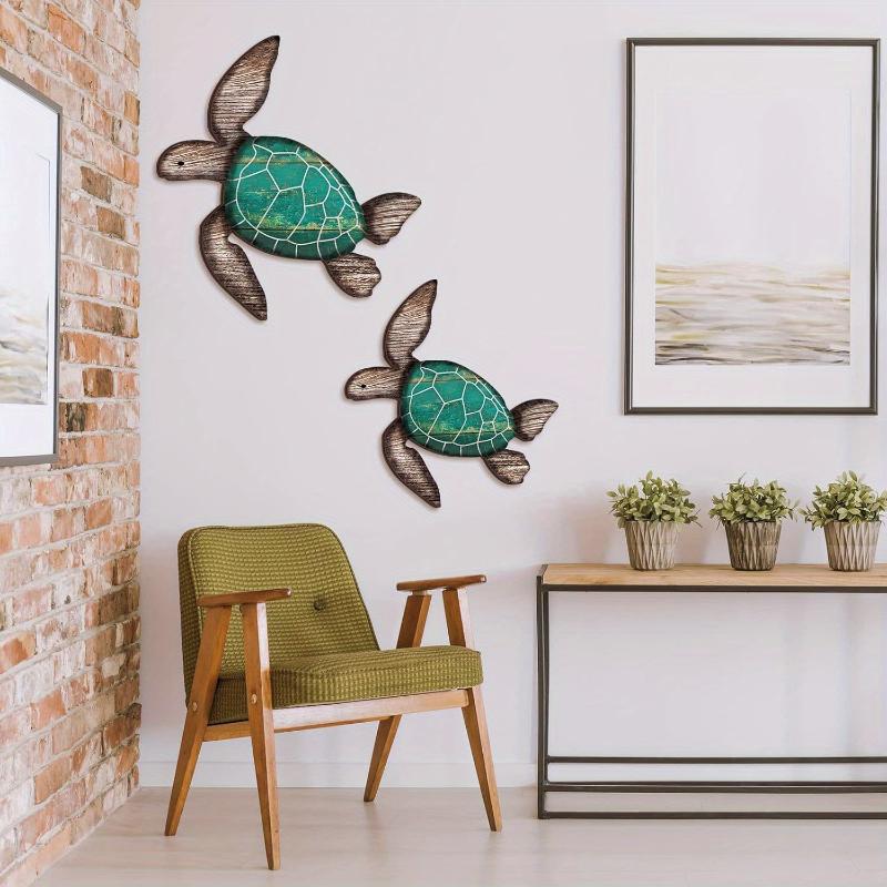 2Pcs/Set Wooden Turtle Wall Hanging Painting Farmhouse Turtle Hanging Decoration Beach Theme Decoration