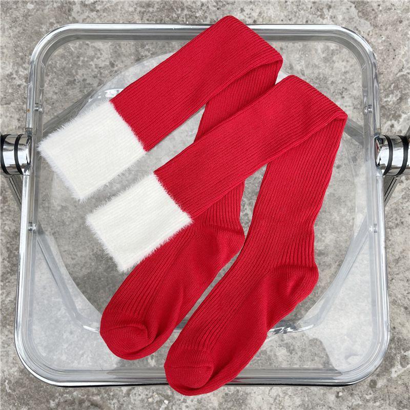 

Пэчворк Красные Чулочные Плюшевые Носки выше Бедра: Женские осенне-зимние гетры выше колена рождественские утеплители One Size