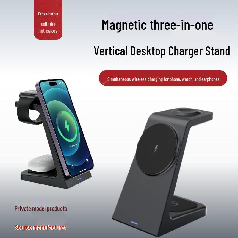 

15W Magnetic Wireless Charger & Phone Holder: Compatible with Apple Earphones, Multifunctional 3-in-1 Charging Base Three-in-One Wireless Charging Base чорний